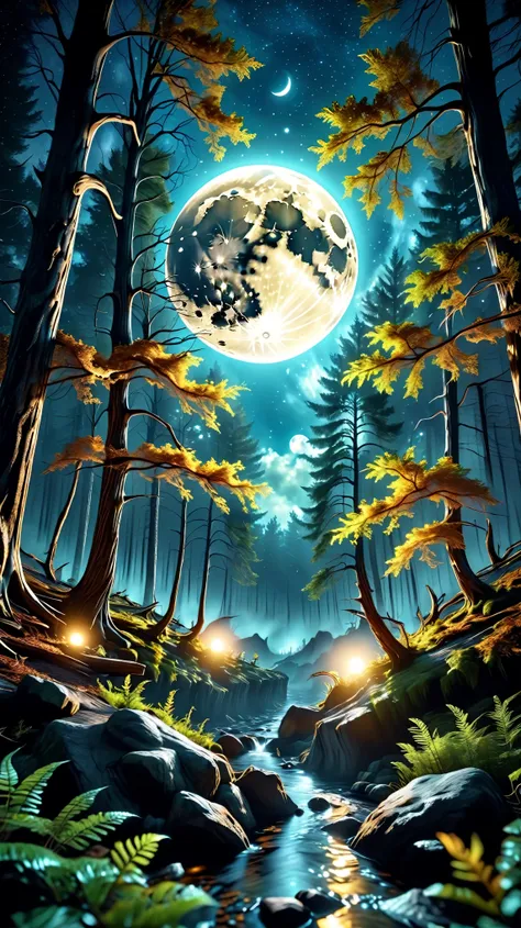 Dynamic photo of a moon light, at a forest, stunning picture, realistic cinematic style, 4k ultra HD quality in 3D