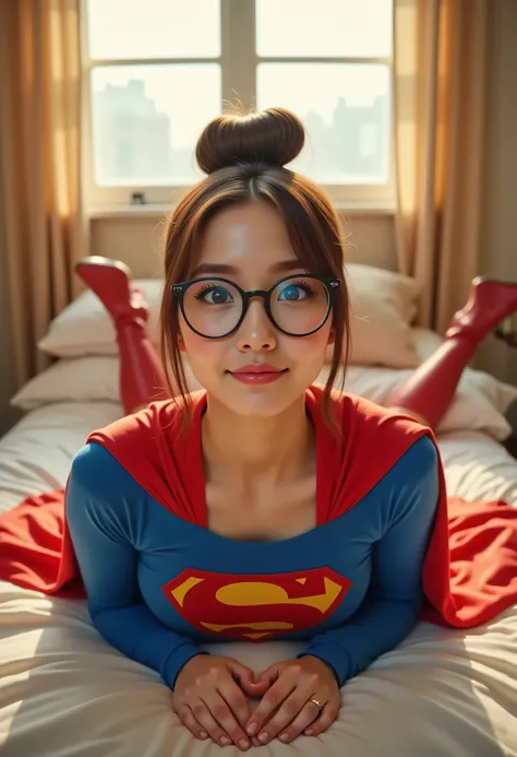 Professional 8K ultra-detailed photo-realistic image of a thin ATTRACTIVE CUTE college gal IN HER EARLY 20'S, small waist, big thick breast, brown hair in a messy bun, freckles, and parted lips. She has striking detailed blue eyes, wearing glasses, a raise...