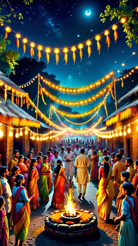 Dynamic photo of a traditional indian fete, lots of peoples are enjoying, at a village, stunning picture, at night time, realistic cinematic style, 4k ultra HD quality in 3D