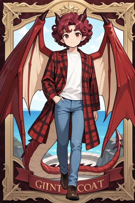 Red Dragon Boy, boy1, Medium dark wine red curly hair, Puffy hair, Brown eyes, Giant dragon wings on the coast, dragon tail, Red checkered plaid coat, White shirt, jeans, Full body photo 