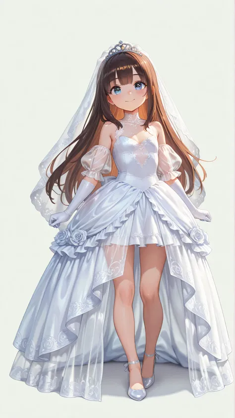 1girl,solo,20才,calm,semi long hair, brown hair,long bangs,full body,kind eyes,drooping eyes,small breasts,See-through costume,frill,very long Wedding Veil,wedding dress,princess dress,hoop dress,rube decolletee,see-through stall,elbow gloves,See-through pu...