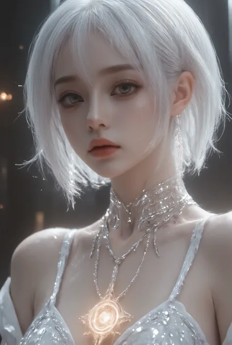 Beautiful Silky Skin、beautiful white, smooth, and smooth skin((golden irises))very big golden eyes((Shoulder-length Silver Hair))Superb Beauty with Very Thin Cheeks and Jaws((Amber Necklaces、Milky White Earrings、moonstone ring)Beautiful, smooth, silky skin...