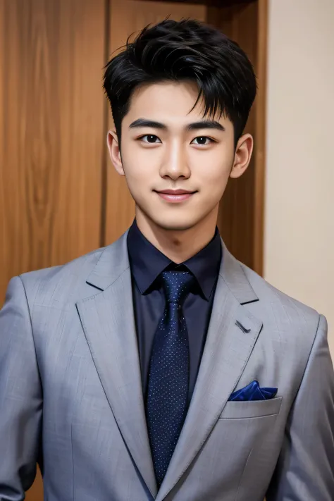 18-year-old male、Japanese、handsome、macho、suits、Short Hair、facing the front、smile