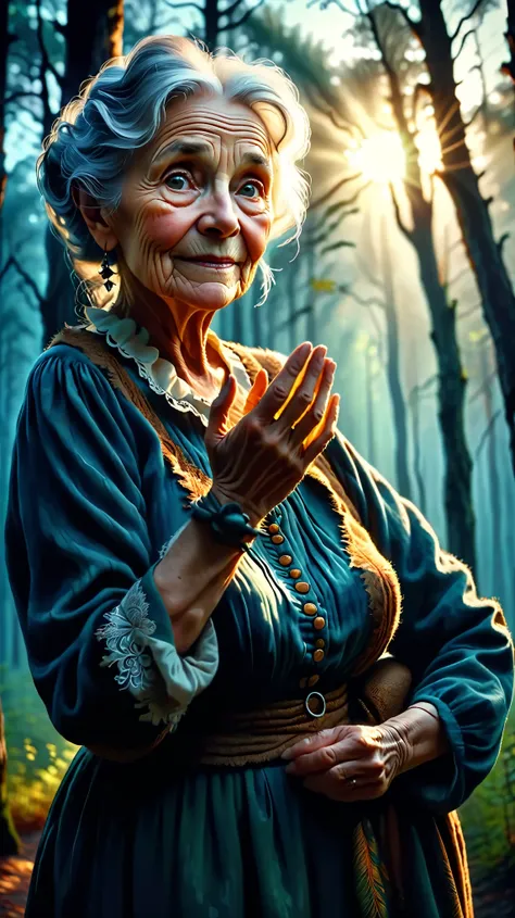 Dynamic photo of Dramatic portrait of Old Woman framed against a twilight sky, her hand raised in a soft warning. Her shadow seems taller than her body, merging into the forest behind. Her smile is kind, yet foreboding., realistic cinematic style, 4k ultra...