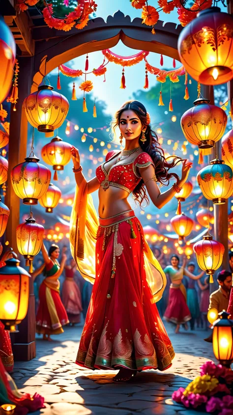 Dynamic photo of The village fair in full swing with lanterns, dancers, colorful stalls, and ren. Sundari, in a dazzling new red-and-gold lehenga, stands aloof, admiring her reflection in a silver hand mirror., realistic cinematic style, 4k ultra HD qualit...