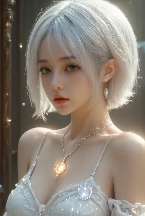 very big golden eyes((golden irises))Beautiful silky skin that is white, smooth, and silky((Shoulder-length Silver Hair))Superb Beauty with Very Thin Cheeks and Jaws((Amber Necklaces、Milky White Earrings、moonstone ring)Beautiful, smooth, silky skin((White ...