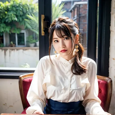 （invites viewers to stare）  (Lola：Amamiya Sky) （1 person，solo）（brown hair）（right ponytail 1:5）（）（earrings)（）（）（Office 1:2）（large breasts 1:2）（long-sleeved white cutter shirt）（Suit 1 :5）（Red Lip）（）（Work while sitting on a chair）（）（taken from the front）（）