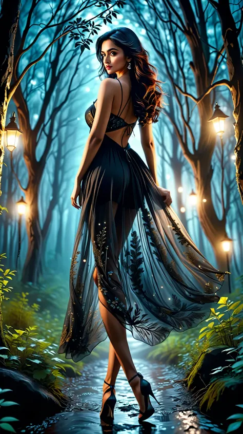 Back side photo, dynamic photo of a young, sexy, beautiful, gorgeous, stunning girl(aiswarya rai), walking, in a dark forest, at night time, realistic cinematic style, 4k ultra HD quality in 3D