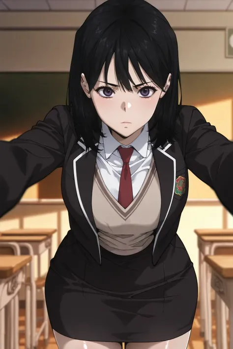 Masterpiece, best quality, source_anime, anime screencap, anime coloring, anime screencap,1girl,sagawa,shiny skin, black hair, black eyes, medium hair, purple eyes,school uniform, (black jacket:1.1), long sleeves, brown vest, white shirt, collared shirt, r...