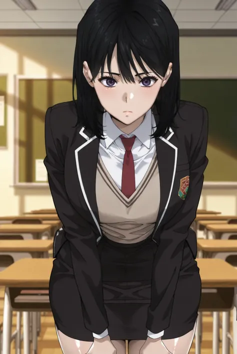 Masterpiece, best quality, source_anime, anime screencap, anime coloring, anime screencap,1girl,sagawa,shiny skin, black hair, black eyes, medium hair, purple eyes,school uniform, (black jacket:1.1), long sleeves, brown vest, white shirt, collared shirt, r...