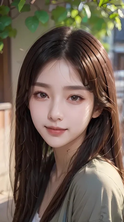 ((best quality)), ((masterpiece)), (detailed), perfect face, textured skin, ((super detail)), high quality, high details, soft focus, black hair, hime cut, summer jacket, Shirt blouse, at garden, smile