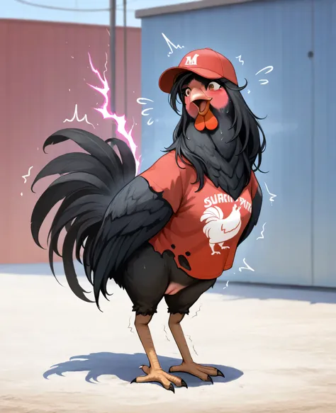 chicken, female, solo, feral, red baseball cap with a "M" white logo, torn red shirt, long hair, black hair color, brown eyes, embarrassed, surpriced, blushed ,NSFW, ecchi, naked, confused, shaking, shocked, cute, hiper realistic art style, full body, in ...