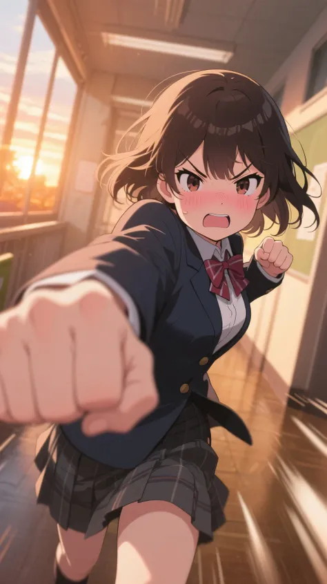 A cute anime girl in a school blazer uniform, with a furious tsundere expression, blushing in anger. Her arm is raised and mid-swing, as she is about to punch the viewer in the face. The scene is from a POV perspective, showing her fist coming toward the c...