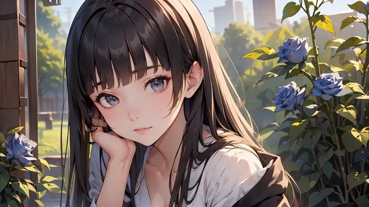 ((best quality)), ((masterpiece)), (detailed), perfect face, textured skin, ((super detail)), high quality, high details, soft focus, black hair, hime cut, summer jacket, Shirt blouse, at garden, flower, blue roses