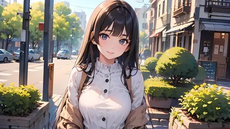 ((best quality)), ((masterpiece)), (detailed), perfect face, textured skin, ((super detail)), high quality, high details, soft focus, black hair, hime cut, spring coat, Shirt blouse, at garden, smile, bust chart, ((cowboy shot))