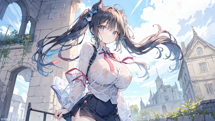 upper body,(((with nice shape))),((Sukesuke see-through Y-shirt)),（Beautiful gigantic breasts with slightly transparent nipples),(miniskirt over GPT),standing,,,,Scenery inside the castle,,twin tails,