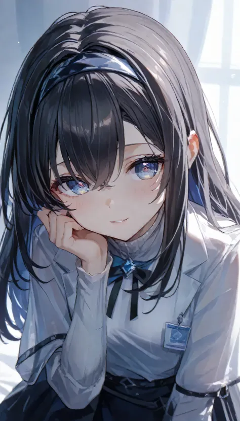 mrfz(prss),solo,long hair,black hair,hair between eyes,headband,pantyhose,skirt,black pantyhose,shirt,diamond pupil,, score_9,score_8_up,score_7_up,source_anime,high res image,masterpiece,best quality(masterpiece:1.2),best quality,extremely detailed face,p...
