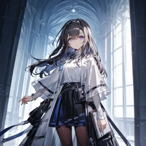 mrfz(prss),solo,long hair,black hair,hair between eyes,headband,pantyhose,skirt,black pantyhose,shirt,diamond pupil,, score_9,score_8_up,score_7_up,source_anime,high res image,masterpiece,best quality(masterpiece:1.2),best quality,extremely detailed face,p...