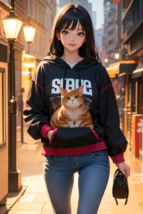 Please draw what you like.8k,Comic style, sci-fi, a beautiful girl, 1girl, cute ginger cat, playing with cat, adorable smile, long black hair, green eyes, detailed face, hoody, jeans, realistic, photorealistic, high quality, detailed background, natural li...