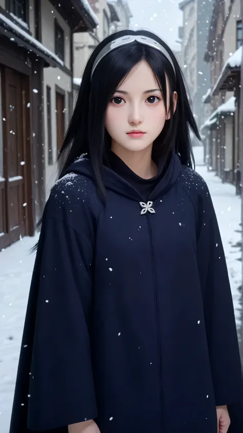 1girl, solo,hikari uchiha,black hair,long hair,outdoors,potrait,winter background,wear hooded cloak,small breast,black eyes, snowfall,silver hairband