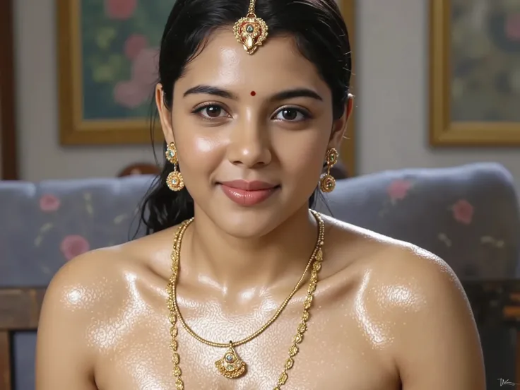 there is a woman in a blue dress with a gold necklace and earrings, indian goddess, indian girl with brown skin, indian, indian super model, indian empress, wet sweat t-shirt padded push up bra, saree removed dropped, cleavage, plain white color padded cot...