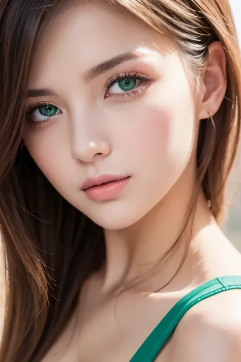 Ukrainian Women Photos  .  face . 5, Sharp Chin  ,  RAW Photo , masterpiece,   very detailed pictures  ,   ,  photorealistic,  ultra high definition,  Highest Quality,  pink lips,   Fully effective  , is big,  bright green eyes , white