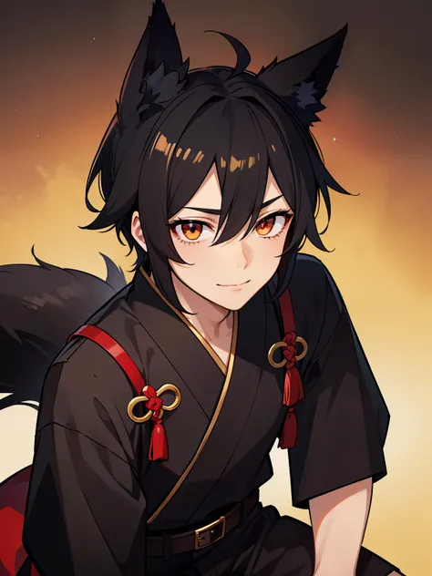 (high-quality, breathtaking),(expressive eyes, perfect face), symmetrical eyes, 1boy, male, solo, young adult, black hair , gold coloured eyes, gentle smile, short hair, loose hair, hair between eyes, japanese clothing, black shirt short sleeved with a red...