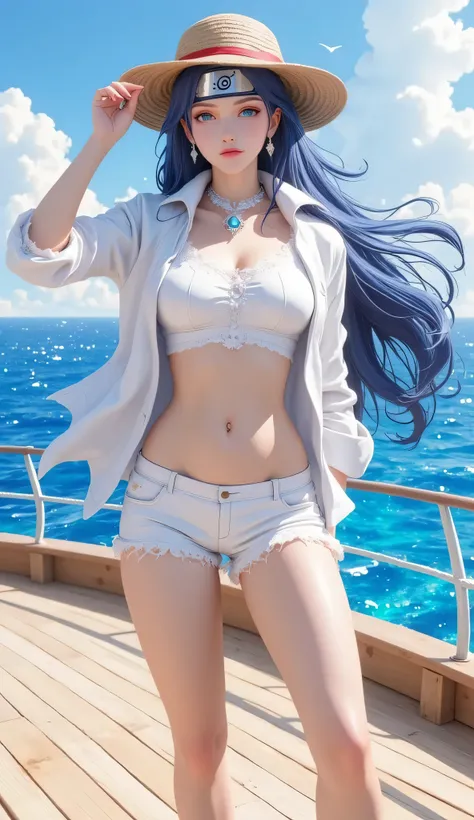 “Ultra-realistic 3D full-body shot of Hinata Hyuga from Naruto standing confidently on the deck of the Thousand Sunny ship from One Piece. She has radiant fair skin, a beautiful and seductive face, and long indigo hair flowing in the ocean breeze. She wear...