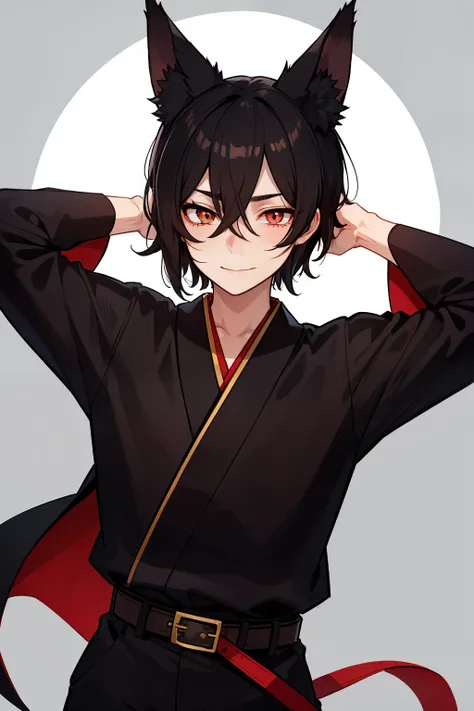 (high-quality, breathtaking),(expressive eyes, perfect face), symmetrical eyes, 1boy, male, solo, young adult, black hair , gold coloured eyes, gentle smile, short hair, loose hair, hair between eyes, japanese clothing, black shirt short sleeved with a red...