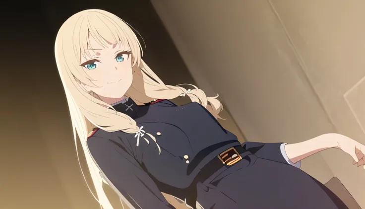masterpiece, best quality, solo, 1girl, mature, blonde hair, long hair, marigold eye, slim posture, small breast, dark green japan military uniform, standing, looking at viewer, confident, mischievous, slight smiling, proud, black background only