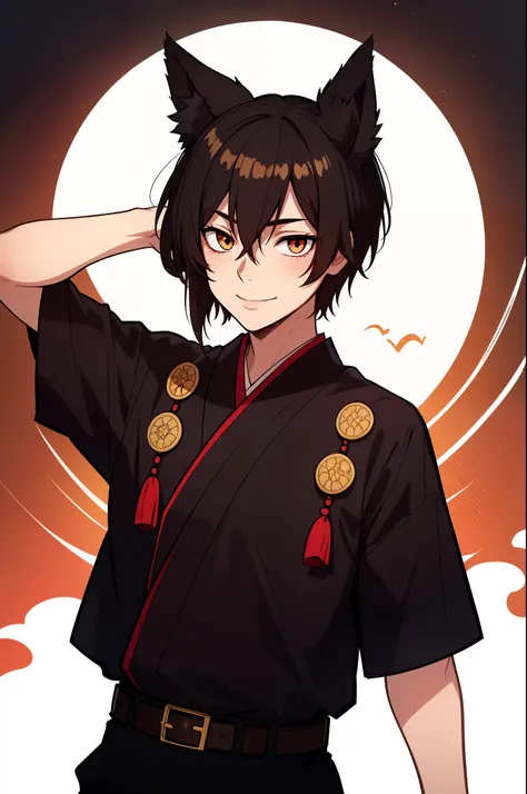 (high-quality, breathtaking),(expressive eyes, perfect face), symmetrical eyes, 1boy, male, solo, young adult, black hair , gold coloured eyes, gentle smile, short hair, loose hair, hair between eyes, japanese clothing, black shirt short sleeved with a red...