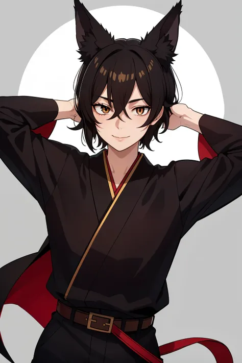 (high-quality, breathtaking),(expressive eyes, perfect face), symmetrical eyes, 1boy, male, solo, young adult, black hair , gold coloured eyes, gentle smile, short hair, loose hair, hair between eyes, japanese clothing, black shirt short sleeved with a red...