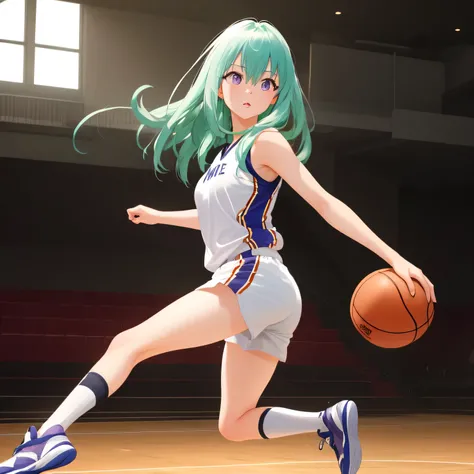 A young female basketball player makes a dynamic jump shot with elegance and control. She holds the ball firmly in both hands, her form showing strong confidence and skill. Her athletic uniform fits her form well, paired with high socks and sneakers in mat...