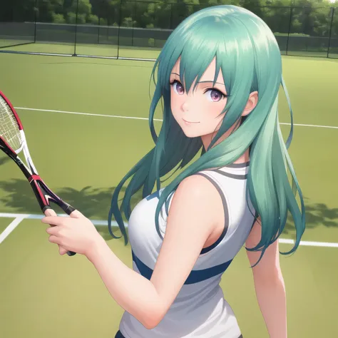 A young female tennis player in a sleek blue outfit stands ready, gripping her racket with both hands in a poised stance. Sunlight accentuates the crisp lines of her attire and the polished strings of the racket. Her determined gaze locks onto an unseen op...