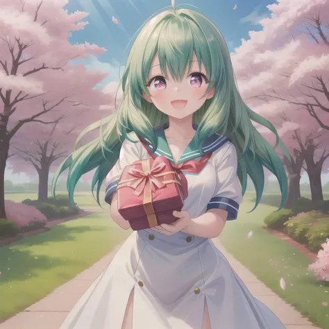 A breathtakingly beautiful 20-year-old woman stands in a lush park filled with cherry blossoms in full bloom beneath a clear blue sky. She wears a classic sailor uniform and gently holds a small, neatly wrapped gift box adorned with a red ribbon. Her radia...