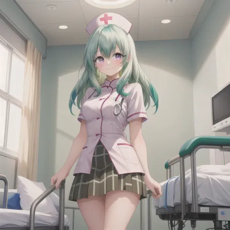 A breathtakingly beautiful 20-year-old woman stands in a warmly lit hospital room, dressed in a white mini-skirt nurse uniform with a matching cap. Her shy smile adds a touch of charm, while the surrounding medical equipment and furnishings create an authe...