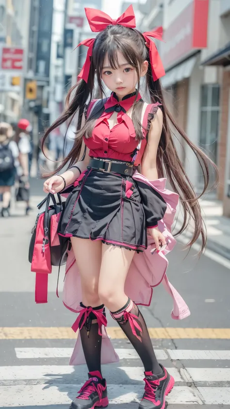 (((A young middle school student wearing very bold clothing)))、(accentuated breasts:1.2, Breast bag:1.2)、(nice sun visor)、((slender body line))、(twin tails)、(tight waist standing in a neon street)、( slim legs)、(detailed hands:1.3、perfect right hand:1.3)、 s...