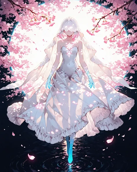 masterpiece, best quality, amazing quality, ethereal lighting, translucent chest with glowing cherry blossom silhouette, (one petal shaped like sigma), luminous veil over torso, sheer dress with floating folds, ambient inner light,full body, distant gaze, ...