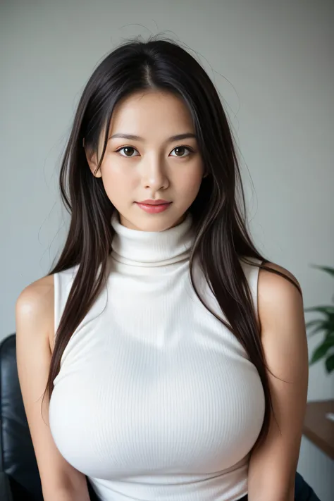 ((masterpiece, best quality, 最HDのKiによる撮影, HD , Photorealistic, RAW photos , very detailed CG integrated 8K wallpaper)), 1 girl , alone, beautiful young woman, Realistic Skin Texture , office, ((( turtleneck , , sleeveless, 細いupper body, a slight...