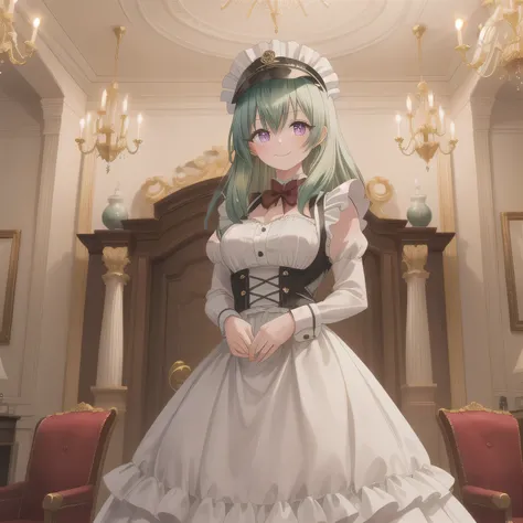 A breathtakingly beautiful 20-year-old woman stands in an opulent mansion room, dressed in a classic black-and-white maid outfit with a short hem and a white brim cap. Her confident smile radiates warmth. The room features elegant furnishings and decor bef...