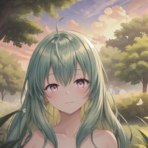 A breathtakingly beautiful 20-year-old woman stands in a lush green park at sunset, bathed in the warm golden light of the evening sun. Facing forward, her eyes gently closed, cheeks slightly flushed, and her face tilted upward as if anticipating a kiss, s...
