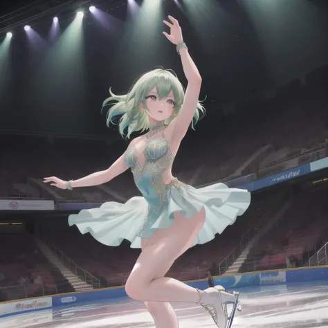 Depict a 20-year-old, stunningly beautiful woman gracefully gliding across the ice in a grand skating arena. She wears an elegant and intricately designed figure skating dress, adorned with shimmering details that reflect the arena lights. Her expression i...