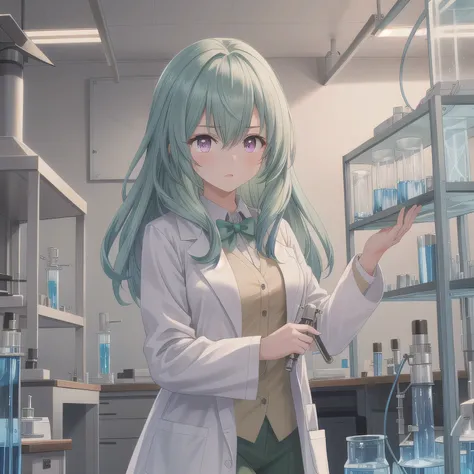Depict a 20-year-old, stunningly beautiful woman conducting an experiment in a well-equipped science lab. She wears a pristine white lab coat over professional attire, her expression focused as she carefully handles scientific instruments. Whether her hair...