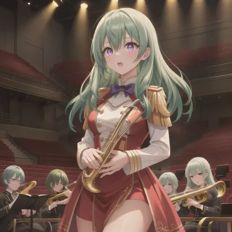 Depict a 20-year-old, dazzlingly beautiful woman playing a brass instrument in a grand concert hall. She wears an elegant yet practical band uniform, designed with intricate gold embroidery. Her posture is poised, fingers positioned with precision, her eye...