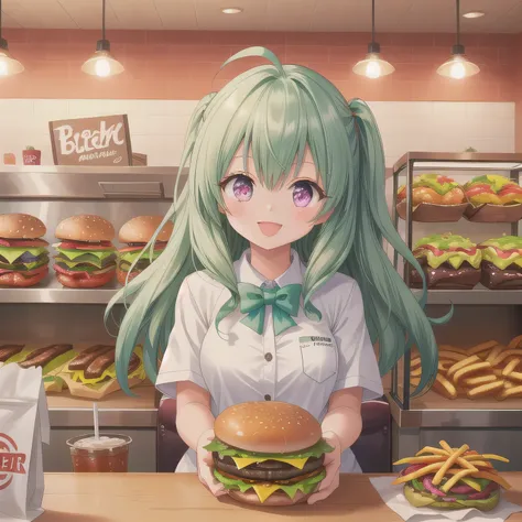 She is a cheerful girl working behind the counter at a cozy burger shop. She is wearing a cute burger shop uniform and smiling warmly at the customers. The background shows a bright and clean fast food counter with menu boards. Green hair, long hair, purpl...