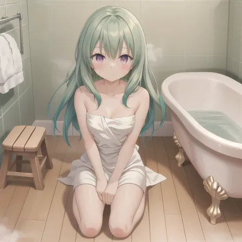 A beautiful woman in a A narrow, compact Japanese bathroom, with tiled walls, a small bathtub, and a wooden stool beside it. Steam fills the room., sitting in seiza style , politely waiting to greet someone.The character is wrapped in a towel around the bo...