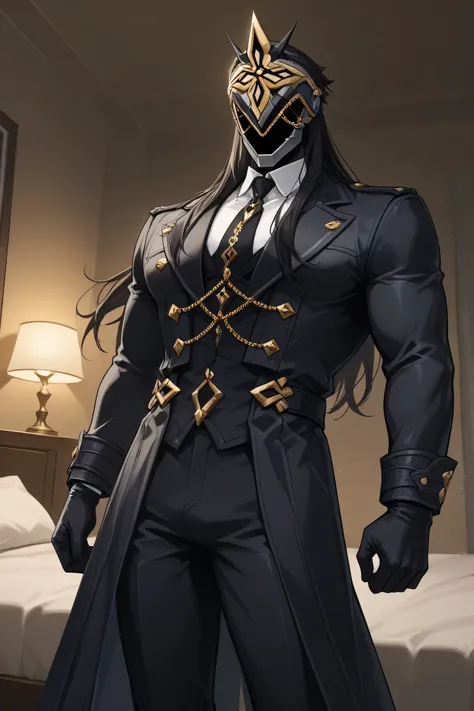 score_9, score_7_up,  source _ Anime Ilcapitano , a boy, Alone, male approach, BLACK HAIR, Long hair, Mascara, Faceless,  Masked man ,
 Hotel room interior , Party atmosphere ,interior lighting,
white t-shirt with long sleeve buttons, black tie,black coat,...