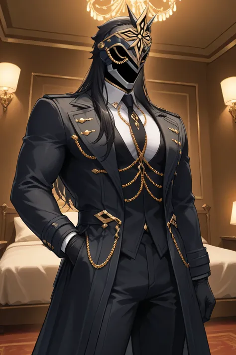 score_9, score_7_up,  source _ Anime Ilcapitano , a boy, Alone, male approach, BLACK HAIR, Long hair, Mascara, Faceless,  Masked man ,
 Hotel room interior , Party atmosphere ,interior lighting,
white t-shirt with long sleeve buttons, black tie,black coat,...