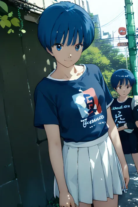 Smile, short boyish hair,((blue bob boyish cut)),outdoor,AOI YUME Masakazu Katsura drowning,anime,(1 person), AOI YUME ,close mouth , slit eyes ,ALMOND EYE,alone,  ((Casual clothes random :1.89)),(( T-shirt:1.59)),((pleated Mini Skirt:1.36)) masterpiece,((...