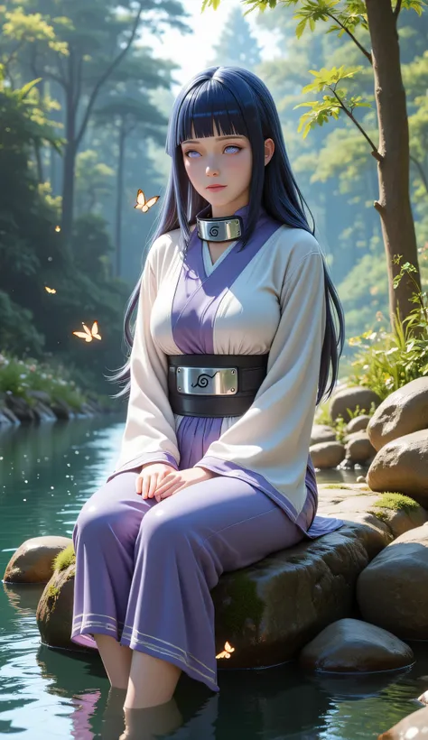 "Ultra-realistic 3D render of Hinata Hyuga from Naruto relaxing in a beautiful forest. She has her signature dark indigo hair styled just like in the anime—long, straight, with soft bangs framing her face. She wears the Konoha forehead protector around her...